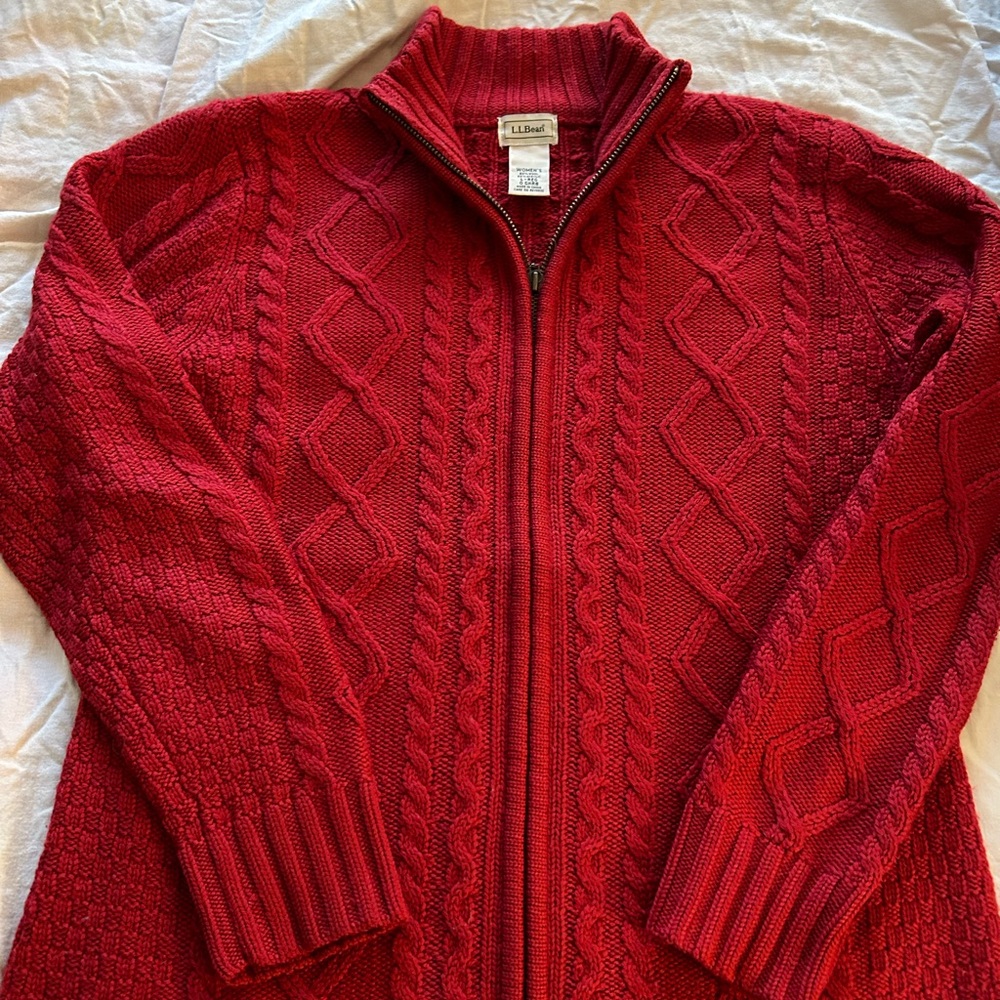 Women’s LL Bean Zip Front Cable Knit Cardigan Red Size Large